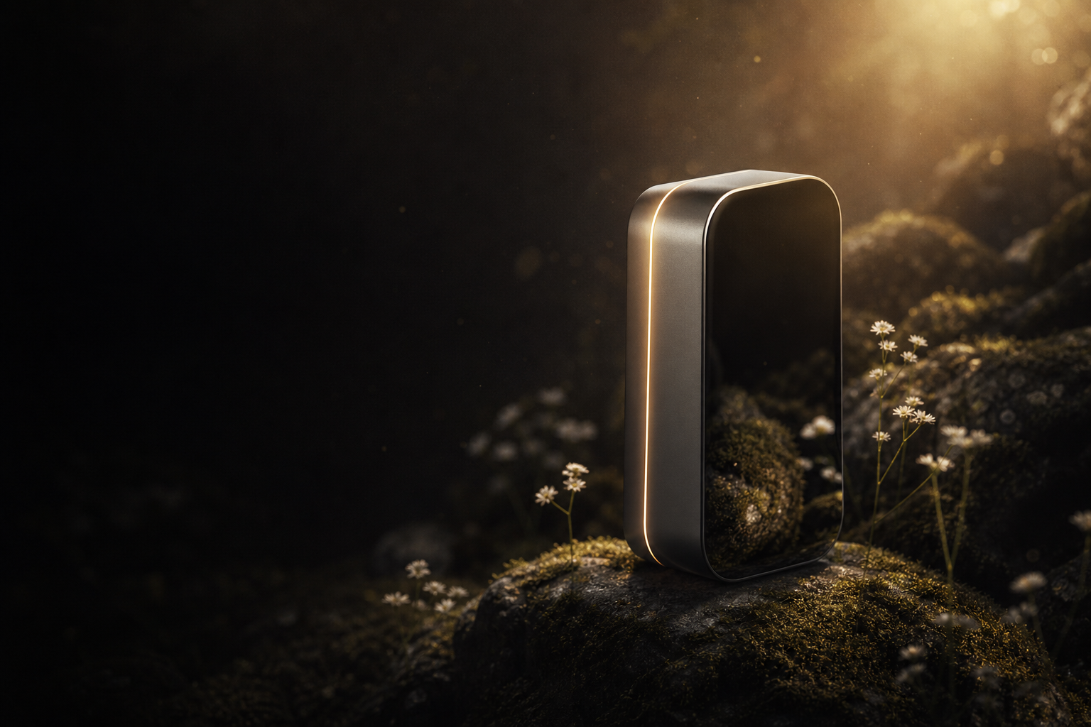 A sleek matte-aluminum device with a glowing seam resting on mossy stone — the intersection of the natural and the engineered.